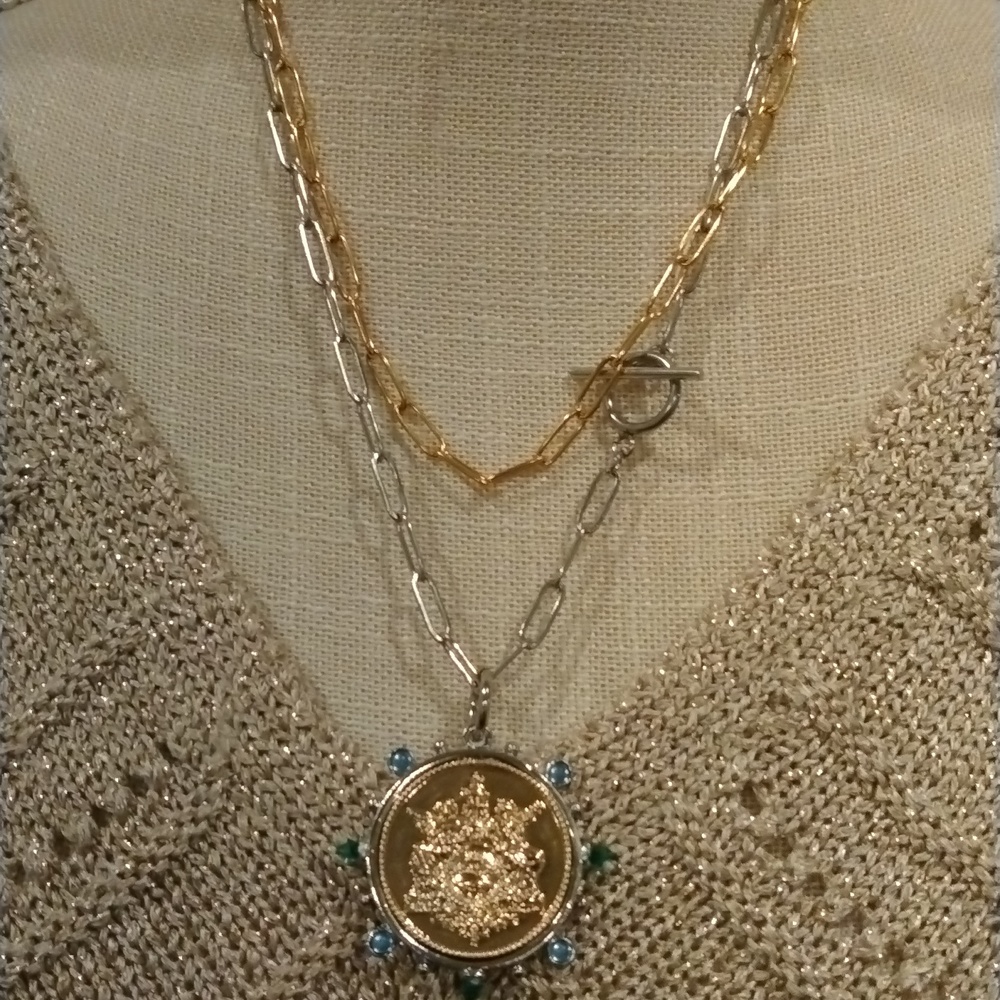 French Replica Gold coin silver bezel bluegreen gemstones On Blue Leather Chain - Picture 6 of 8
